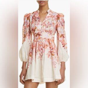 Zimmermann Cream Floral Puff-Sleeve Mini Dress with Pink & Coral Bouquet